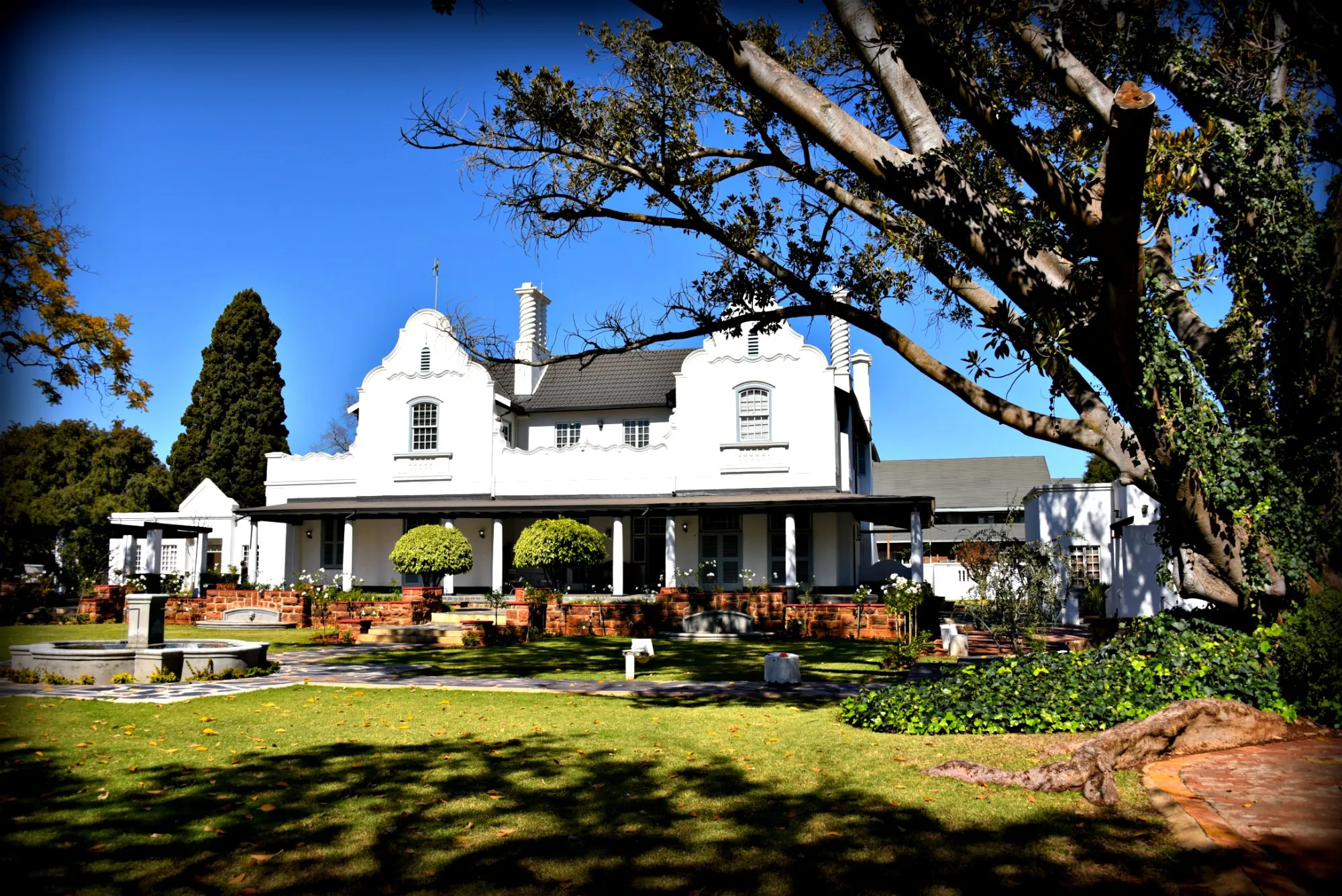 Brooks House, a white Cape Dutch–style building with gables, set in a garden